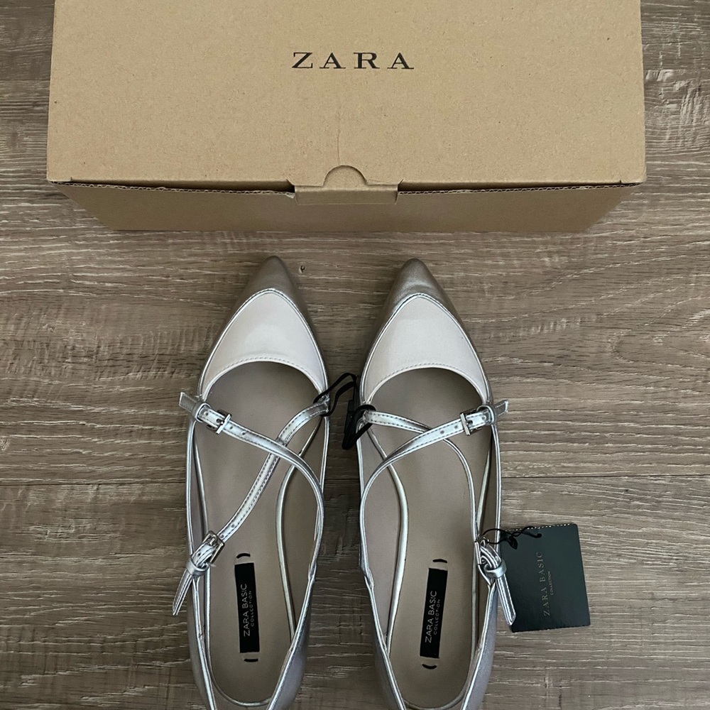 ZARA Pointy Toe Cross Strap Flats, 6, Silver/Pink